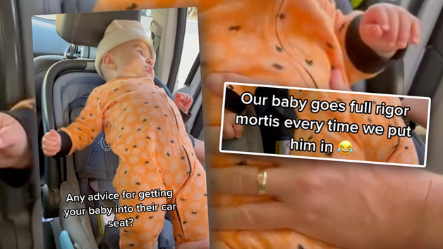dad struggles to put baby in child seat