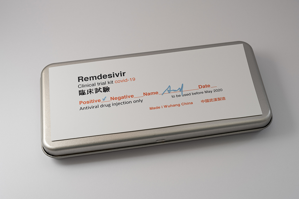 metal box with a test kit of the medicine Remdesivir against corona virus, Denmark, April 16, 2020