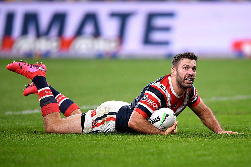 James Tedesco of the Roosters scores a try during the Round 5 NRL Match bet...