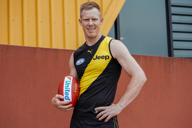 Jack Riewoldt poses for a photo during a Richmond Tigers media opportunity at Yarra Park in Melbourne, Friday, February 7, 2020. (AAP Image/Natasha Morello) NO ARCHIVING