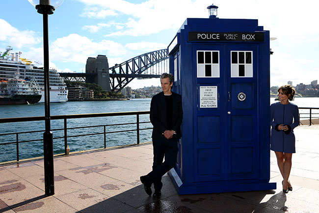 The twelfth Doctor Who Peter Capaldi and co-star Jenna Coleman pose for a photograph in Sydney, Tuesday, Aug. 12, 2014. The pair are currently on a worldwide whirlwind tour to promote the popular sci-fi show, calling in at seven cities in 12 days, ahead of the launch of the new series, Capaldi's first as The Doctor. (AAP Image/ Nikki Short) NO ARCHIVING