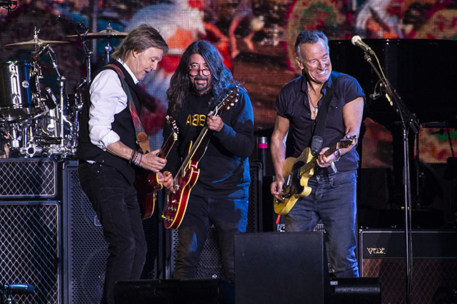 Paul McCartney, from left, Dave Grohl and Bruce Springsteen perform at Glastonbury Festival in Worthy Farm, Somerset, England, Saturday, June 25, 2022. (Photo by Joel C Ryan/Invision/AP)