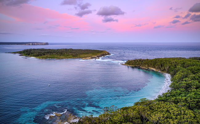 Sunset over Bowen Island and Murrays Beach in Jervis Bay.