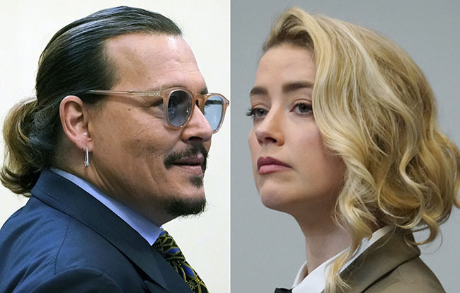 This combination of two separate photos shows actor Johnny Depp, left, and Amber Heard in the courtroom at the Fairfax County Circuit Courthouse in Fairfax, Va., Monday, May 23, 2022. Depp sued his ex-wife Amber Heard for libel in Fairfax County Circuit Court after she wrote an op-ed piece in The Washington Post in 2018 referring to herself as a 